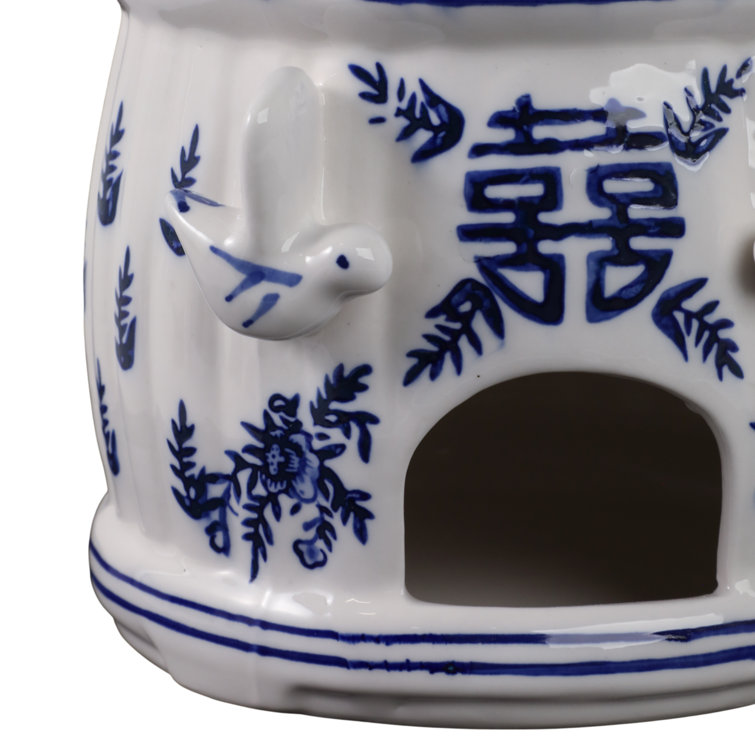 White and Blue Ceramic Pagoda Bird House with Hanging Rope