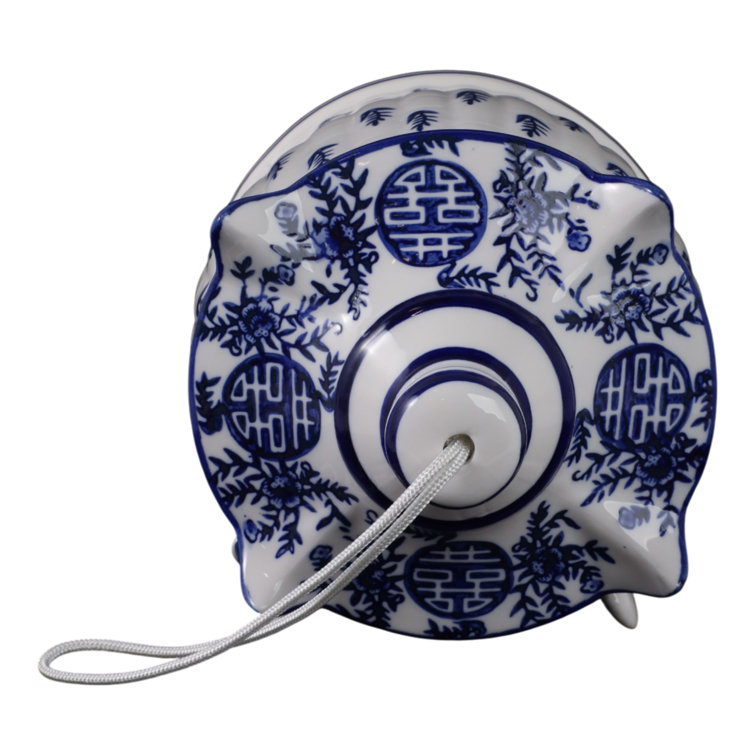 White and Blue Ceramic Pagoda Bird House with Hanging Rope