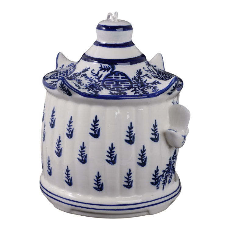 White and Blue Ceramic Pagoda Bird House with Hanging Rope