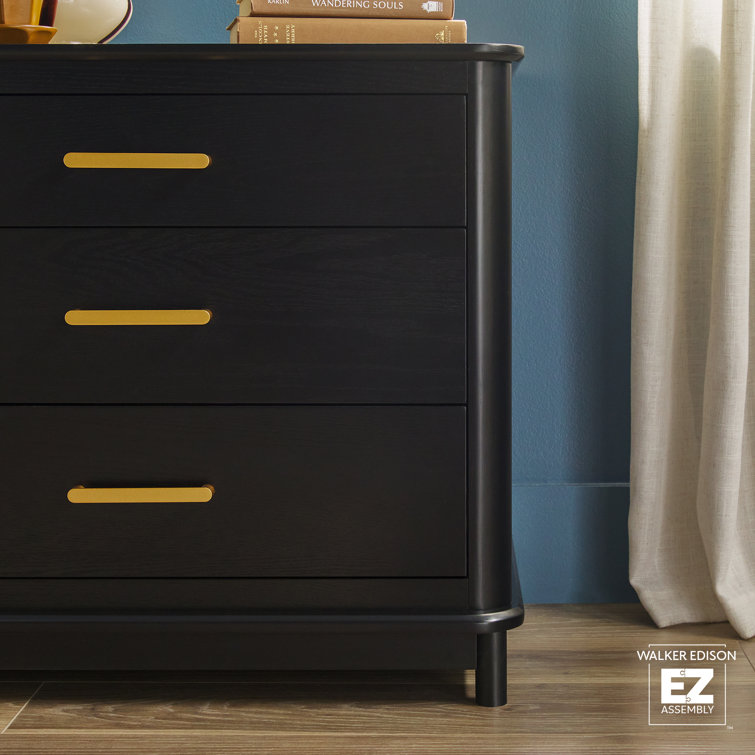 Black Solid Wood 3-Drawer Nightstand with Gold Handles