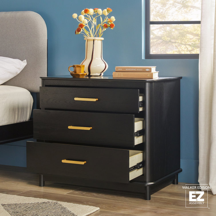Black Solid Wood 3-Drawer Nightstand with Gold Handles