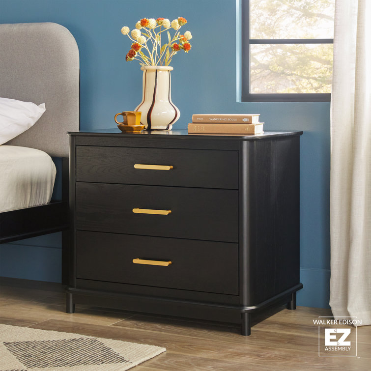 Black Solid Wood 3-Drawer Nightstand with Gold Handles