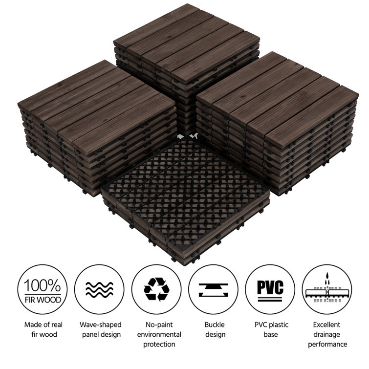12'' x 12'' Black Solid Fir Wood Interlocking Deck Tiles