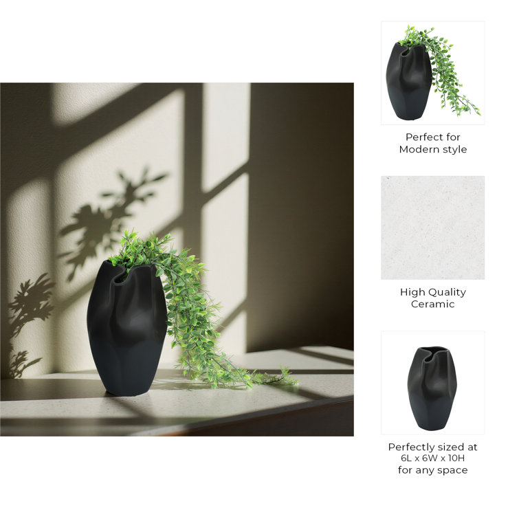 Black Ceramic Abstract Design Table Vase, 10" Height