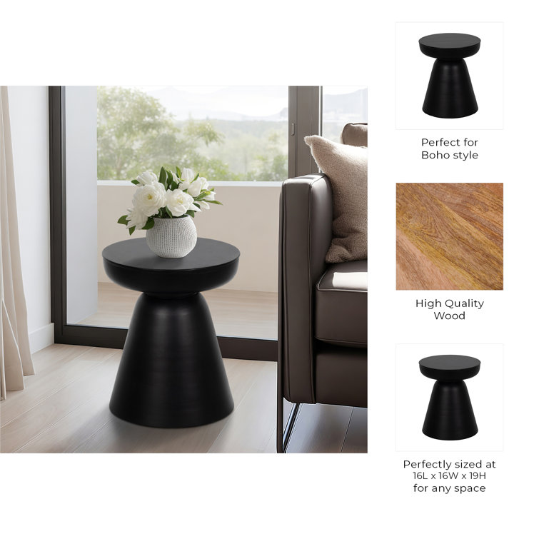 Smooth Black Acacia Wood Drum Base Side Table