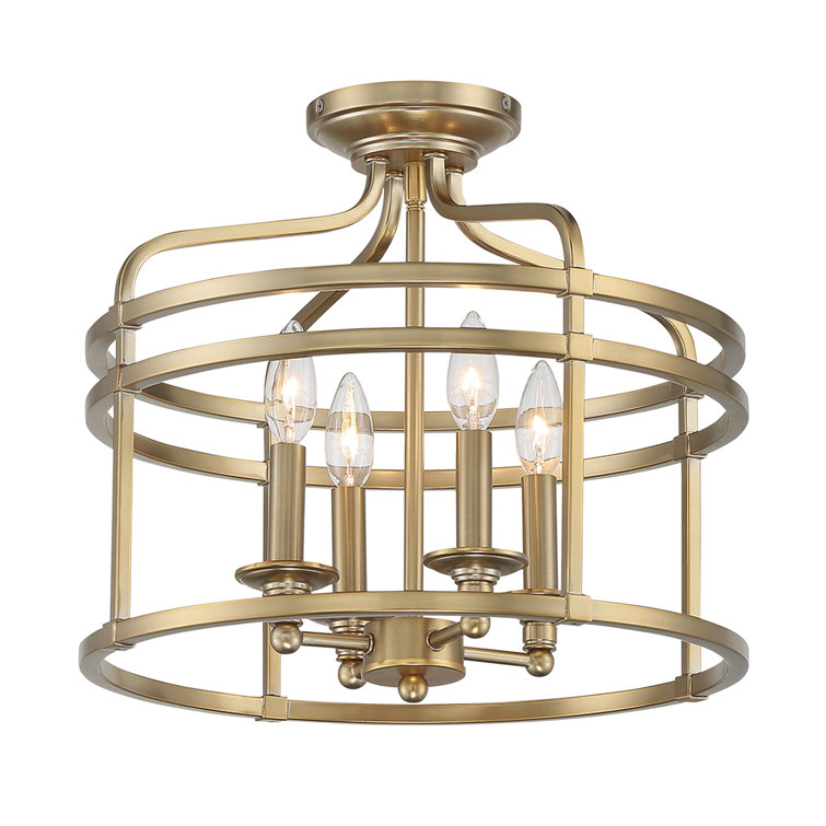 Brushed Honey Gold Glass Drum 4-Light Semi Flush Mount