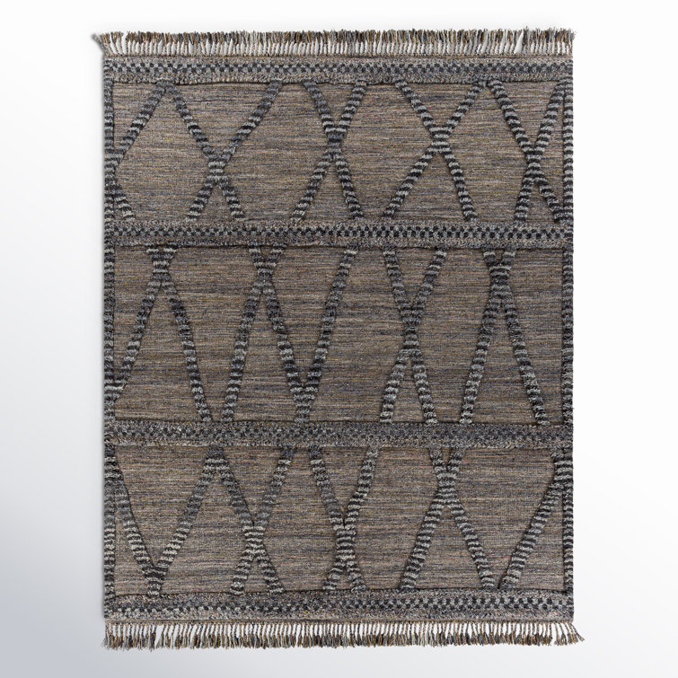 Handmade Black Wool 5' x 7'6" Rectangular Rug with Tassels