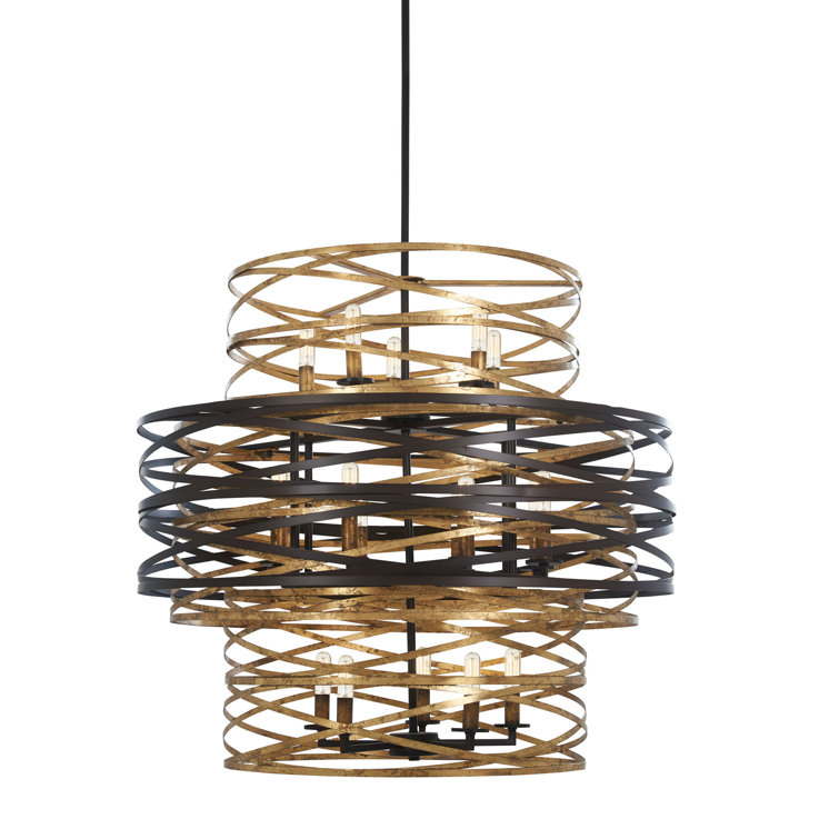 Elegant Dark Bronze and Mosaic Gold Drum Chandelier with 18 Lights