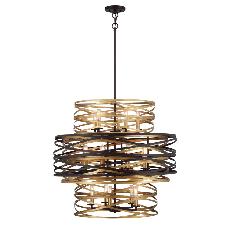 Elegant Dark Bronze and Mosaic Gold Drum Chandelier with 18 Lights