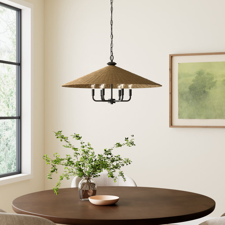 Matte Black and Natural Rattan 30" 6-Light Pendant