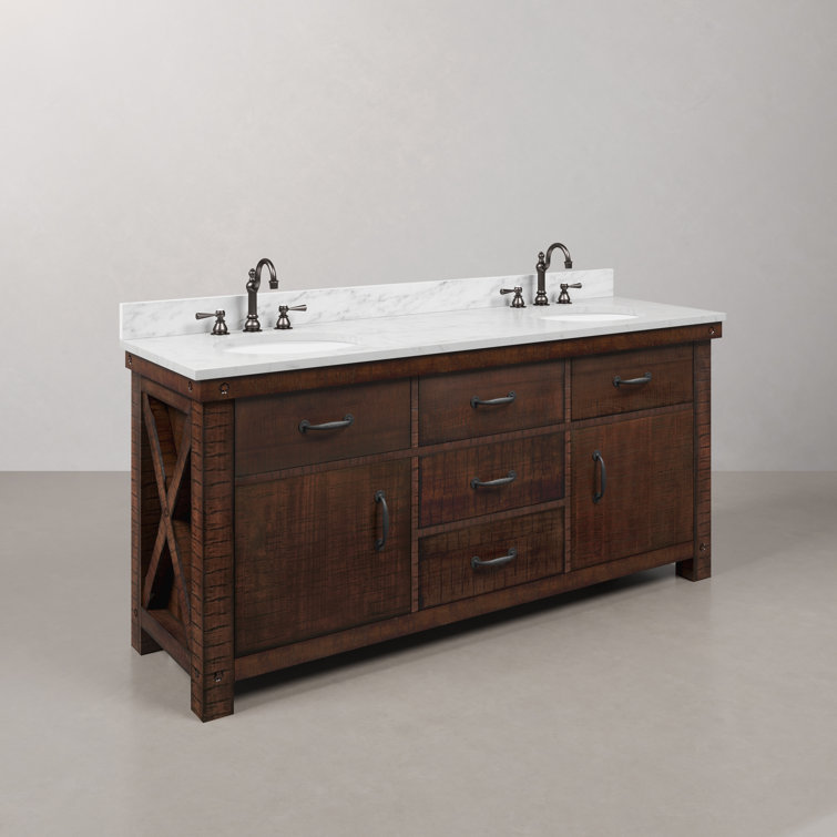 Aberdeen 72" Double Sink Rustic Sierra Vanity with Carrara White Marble Top