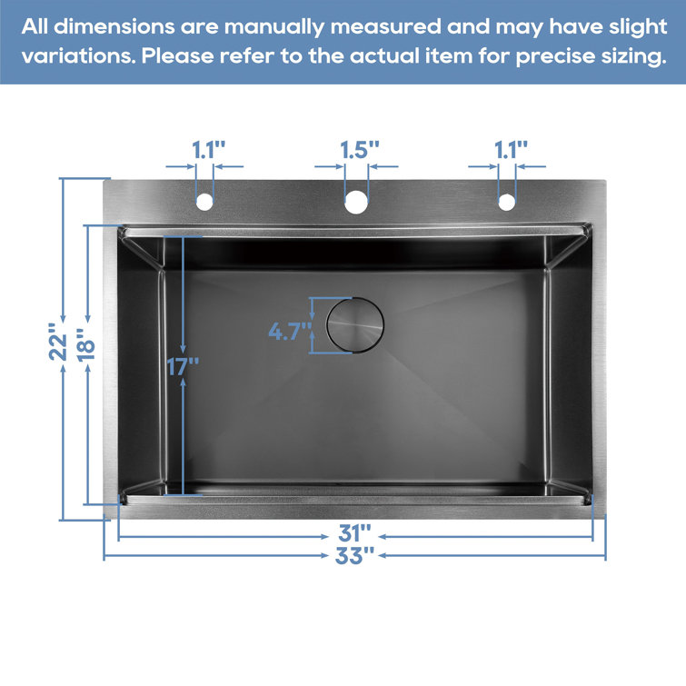 33" Gunmetal Black Stainless Steel Single Bowl Drop-In Workstation Sink