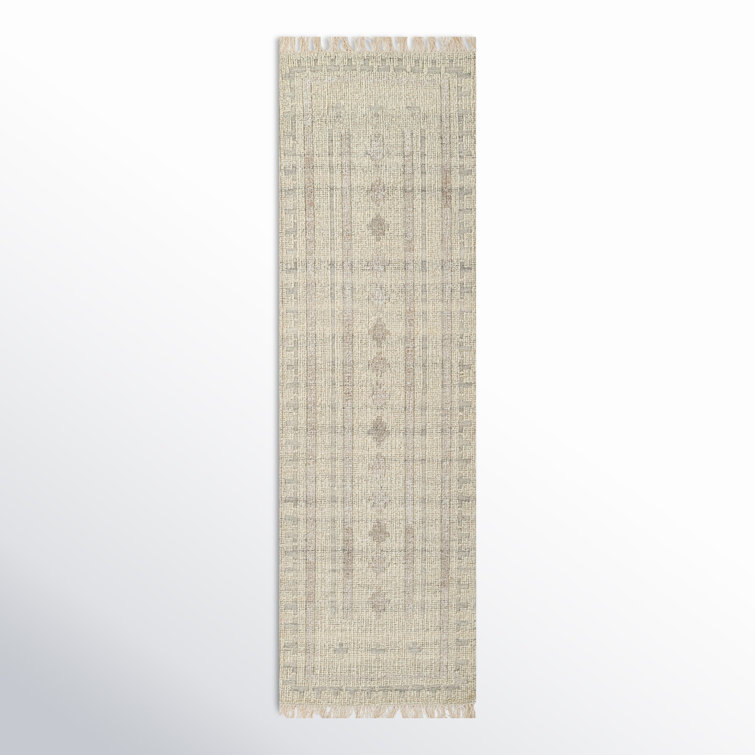 Handwoven Ivory Wool Rectangular Rug with Geometric Pattern, 5' x 8'