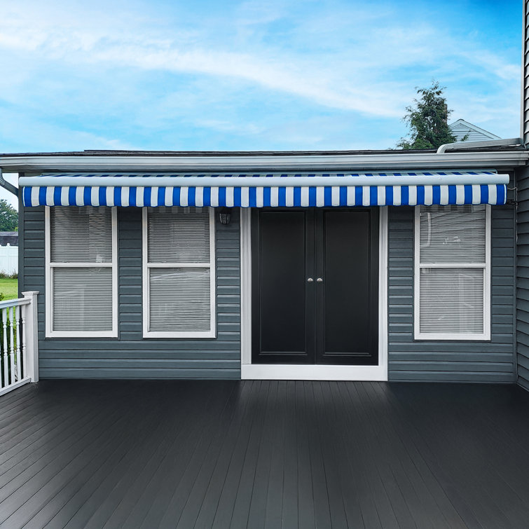 Blue and White Striped Motorized Retractable Patio Awning with Cassette