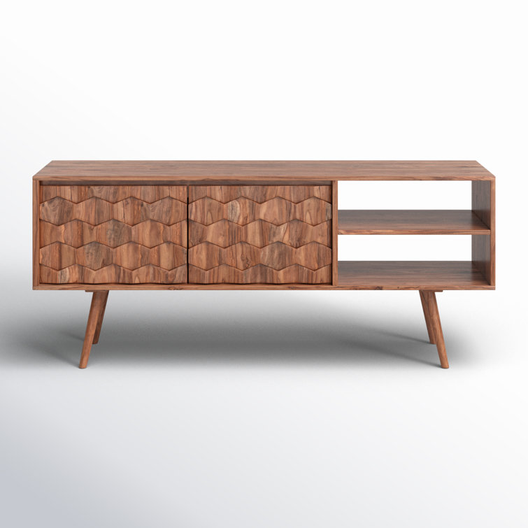 Mid-Century Modern Sheesham Wood 57'' TV Console with Fireplace