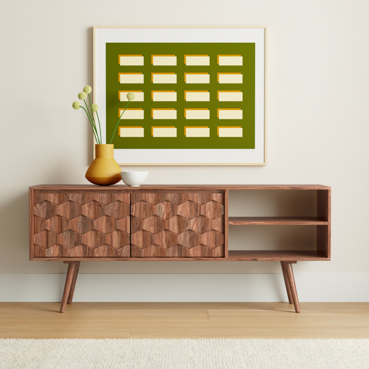 Mid-Century Modern Sheesham Wood 57'' TV Console with Fireplace