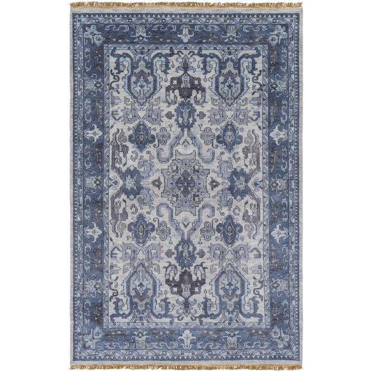 Hand-Knotted Blue Wool 4' x 6' Rectangular Rug