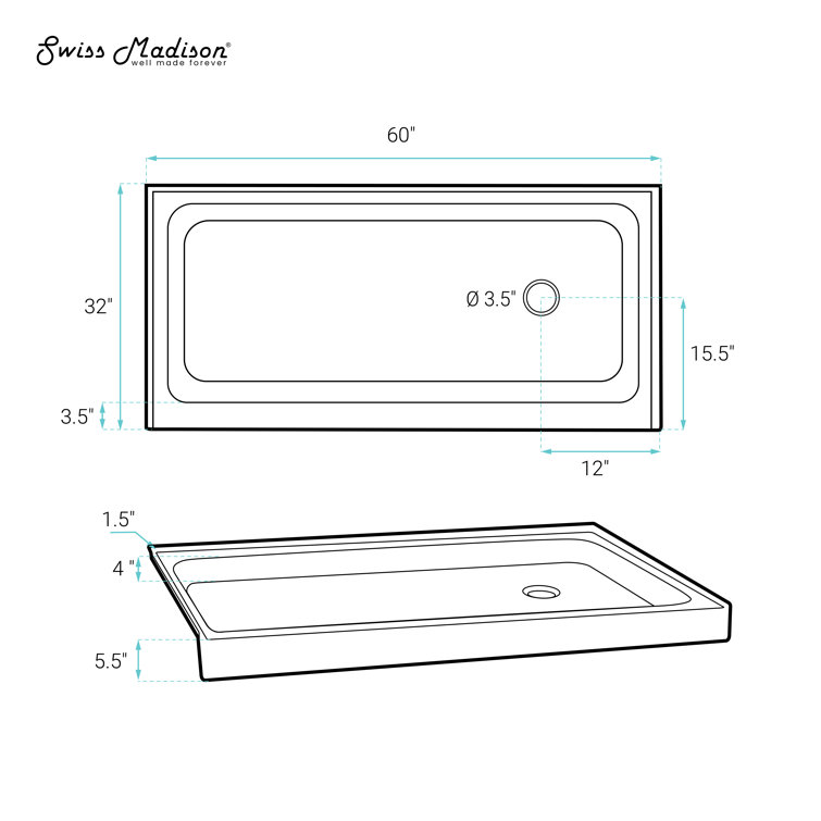 Voltaire 60" x 32" Gray Acrylic Shower Base with Right-Hand Drain