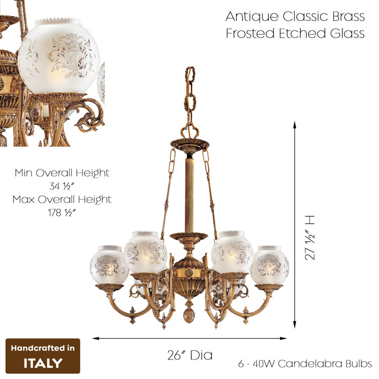 Antique Brass 6-Light Chandelier with Frosted Glass Shades