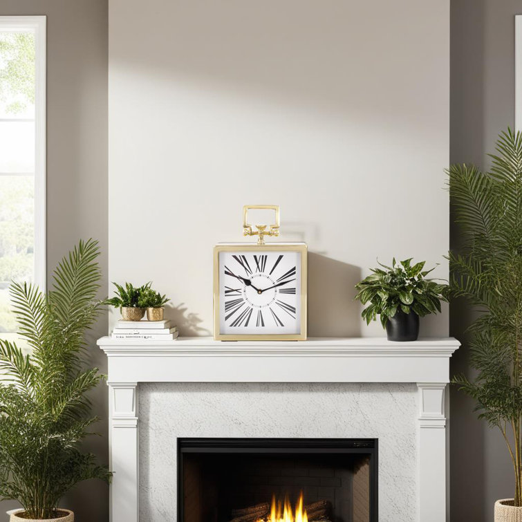 Gold Square Handled Table Clock with Textured Metal Surround