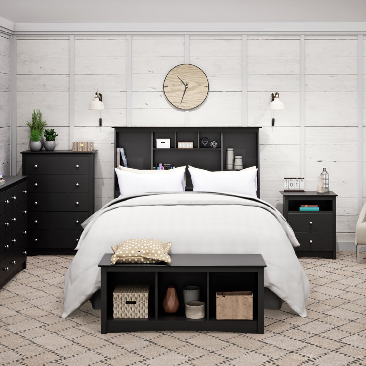 Black Full/Queen Tall Slant-Back Bookcase Headboard with Storage