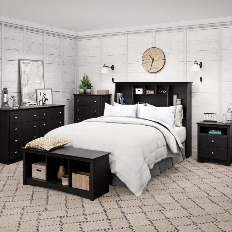 Black Full/Queen Tall Slant-Back Bookcase Headboard with Storage