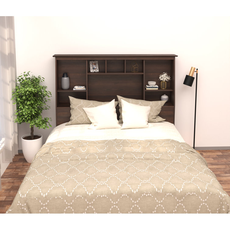 Espresso Full/Queen Tall Slant-Back Bookcase Headboard with Storage