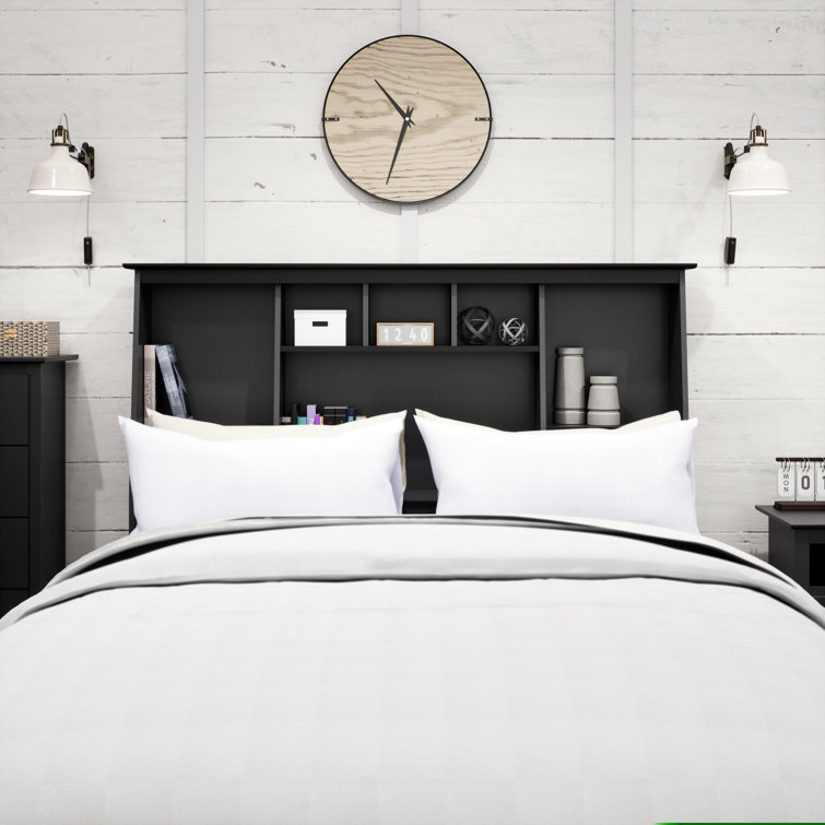 Black Full/Queen Tall Slant-Back Bookcase Headboard with Storage