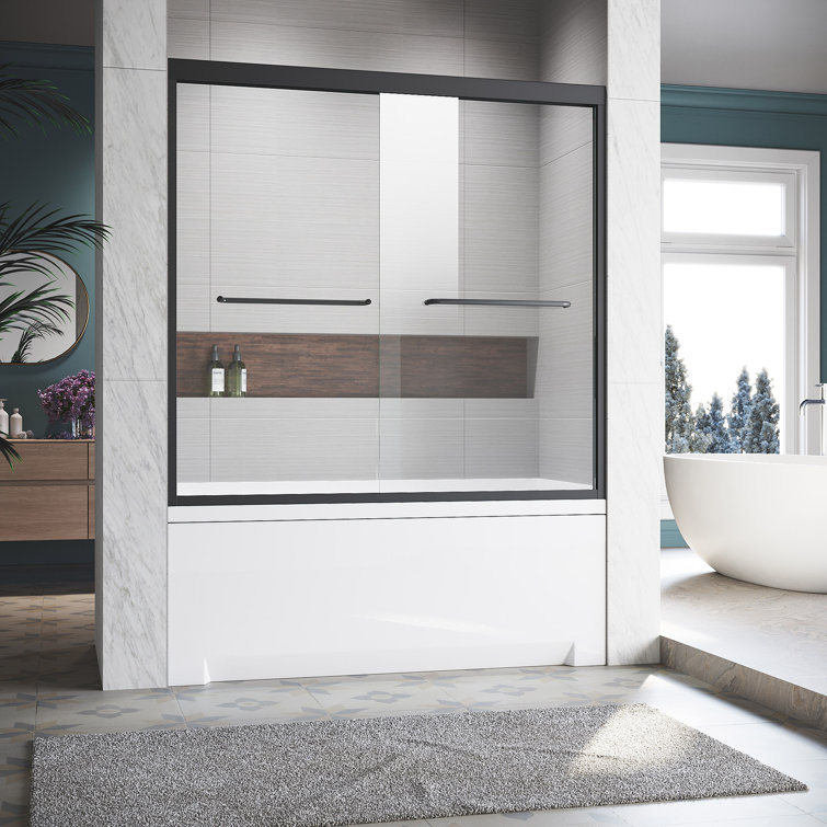 Matte Black Double Sliding Frameless Tub Door with Clear Tempered Glass