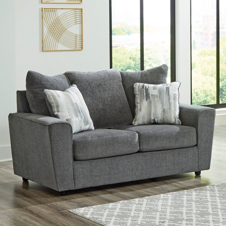 Gray Fabric Flared Arm Loveseat with Wood Frame