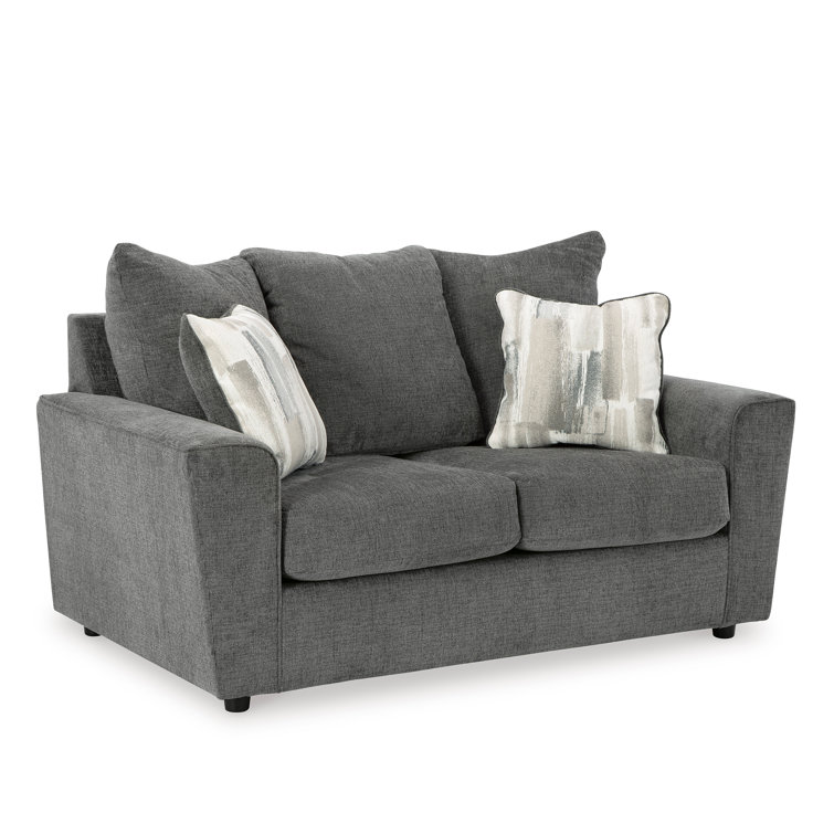Gray Fabric Flared Arm Loveseat with Wood Frame