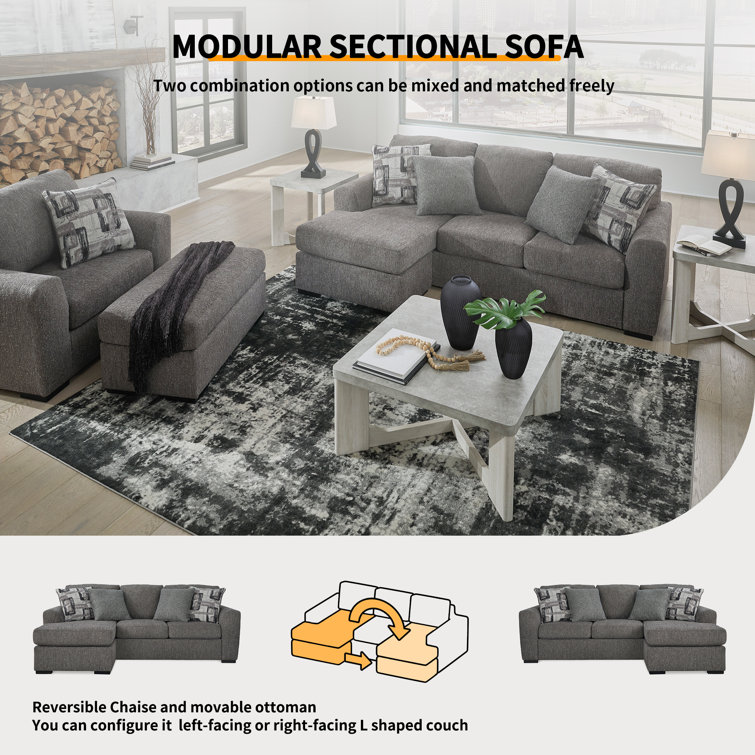 Gray Fabric Track Arm Sofa Chaise with Ottoman