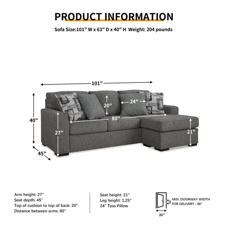 Gray Fabric Track Arm Sofa Chaise with Ottoman