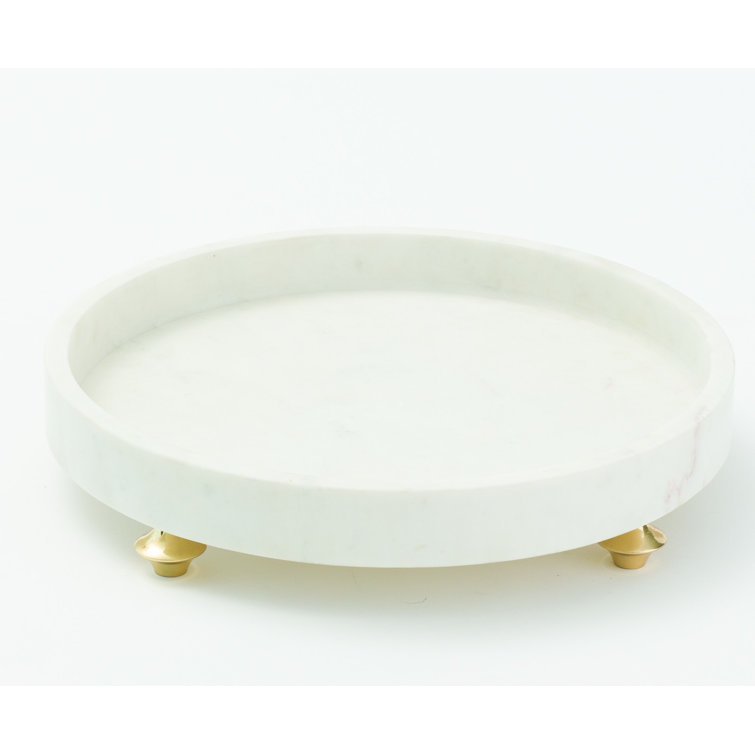 White Marble Round Tray with Brass Feet