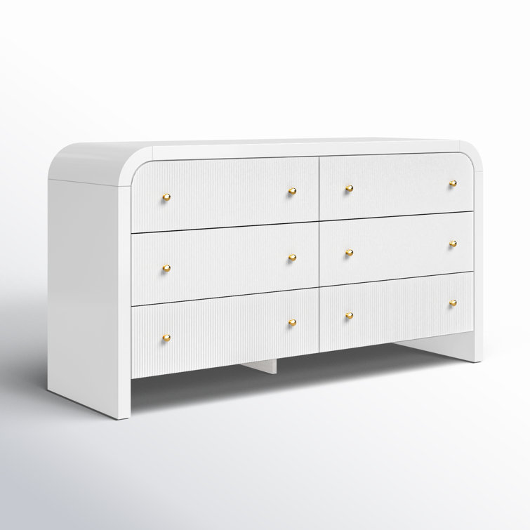 White and Gold 6-Drawer Double Dresser with Dovetail Drawer
