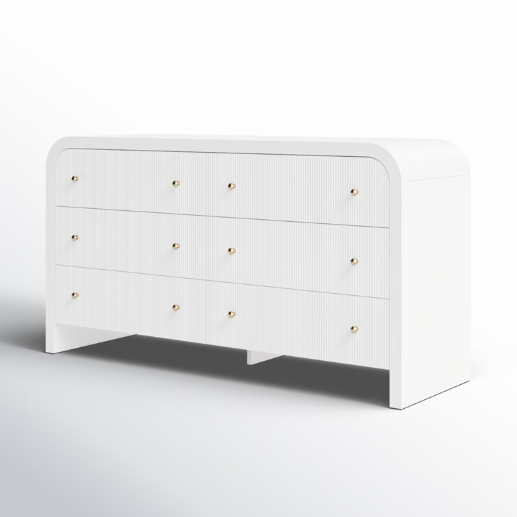 White and Gold 6-Drawer Double Dresser with Dovetail Drawer