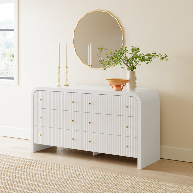 White and Gold 6-Drawer Double Dresser with Dovetail Drawer