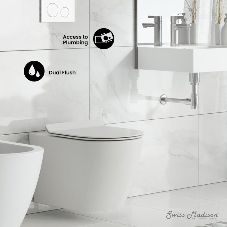White Wall-Mounted Dual Flush Elongated Toilet