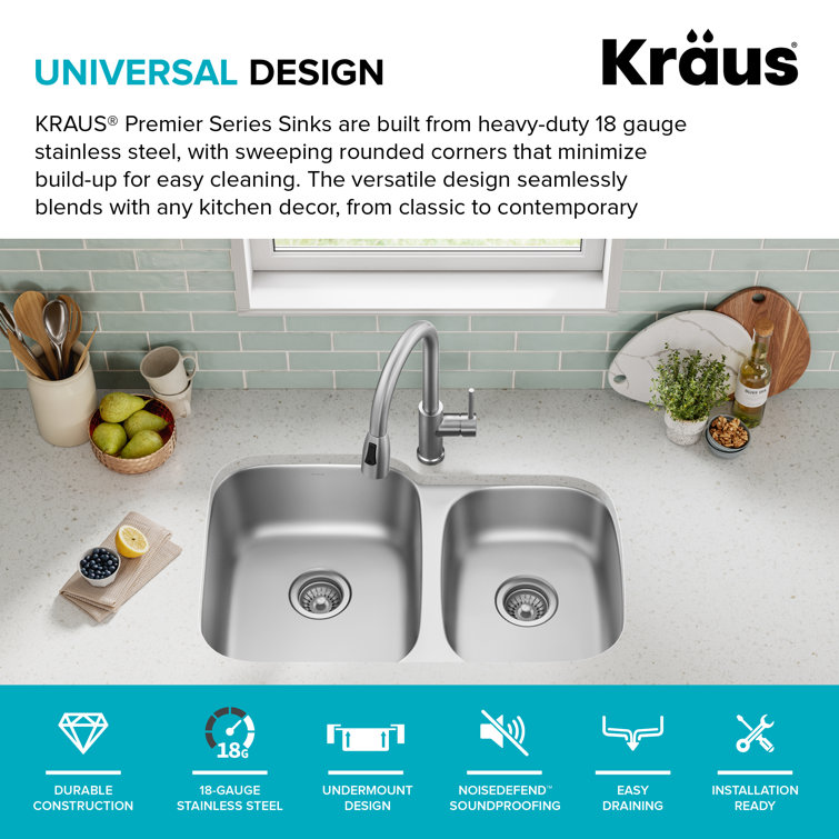 Premier 32-inch Satin Stainless Steel Double Bowl Undermount Sink