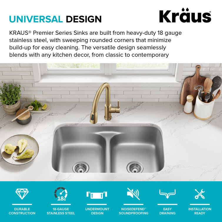Premier 32-Inch Stainless Steel Double Bowl Undermount Kitchen Sink