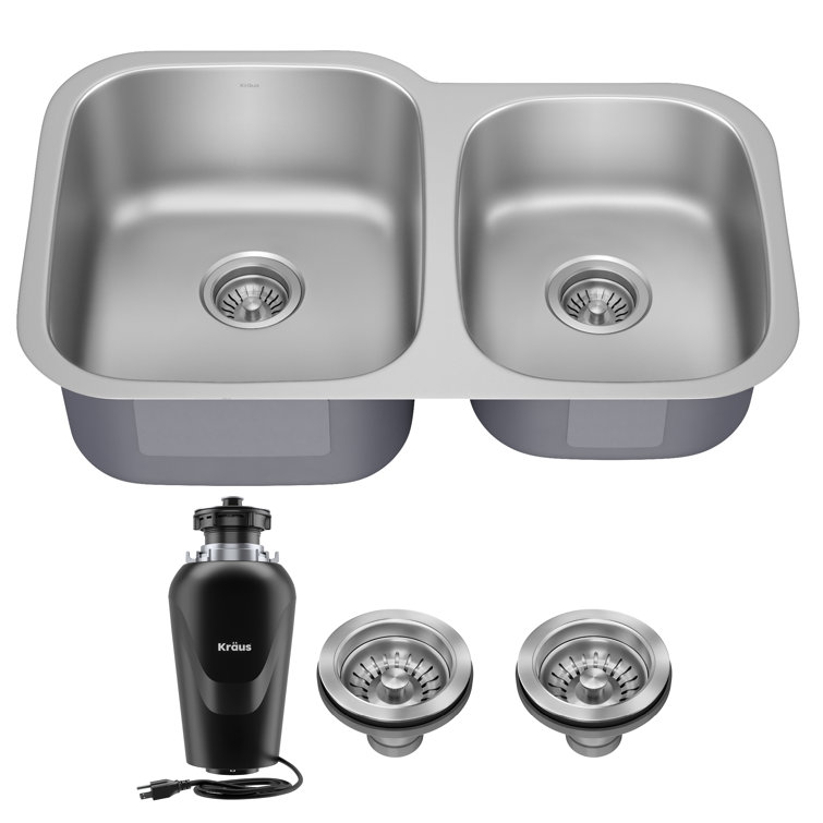 32-Inch Stainless Steel Double Bowl Kitchen Sink with Garbage Disposal