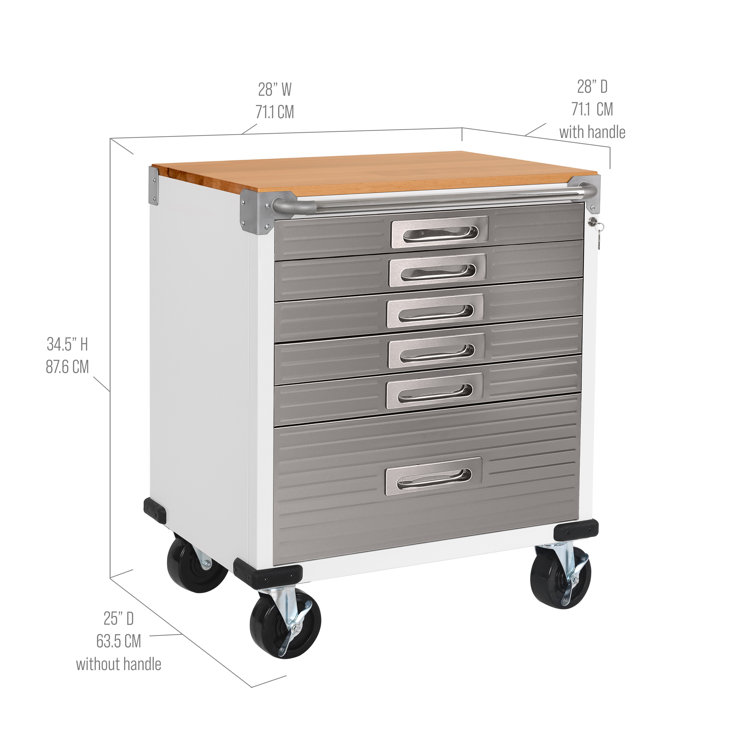 White Heavy-Duty Steel 6-Drawer Rolling Cabinet with Wood Top