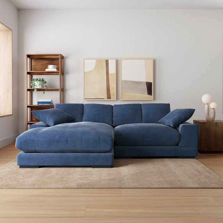 Blue Corduroy Modular L-Shaped Sectional Sofa with Square Arms