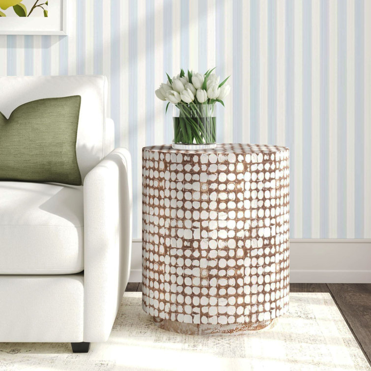 Coastal Breeze White Coconut & Wood Mosaic Round Table 16"