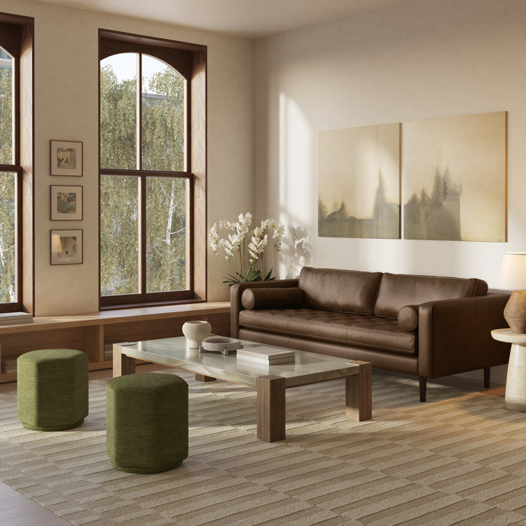Napa Cocoa Brown Full-Grain Leather Sofa with Solid Wood Frame