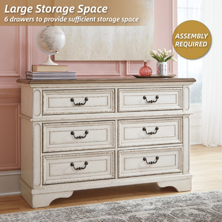 Cottage Charm White & Mahogany 6-Drawer Dresser with Mirror