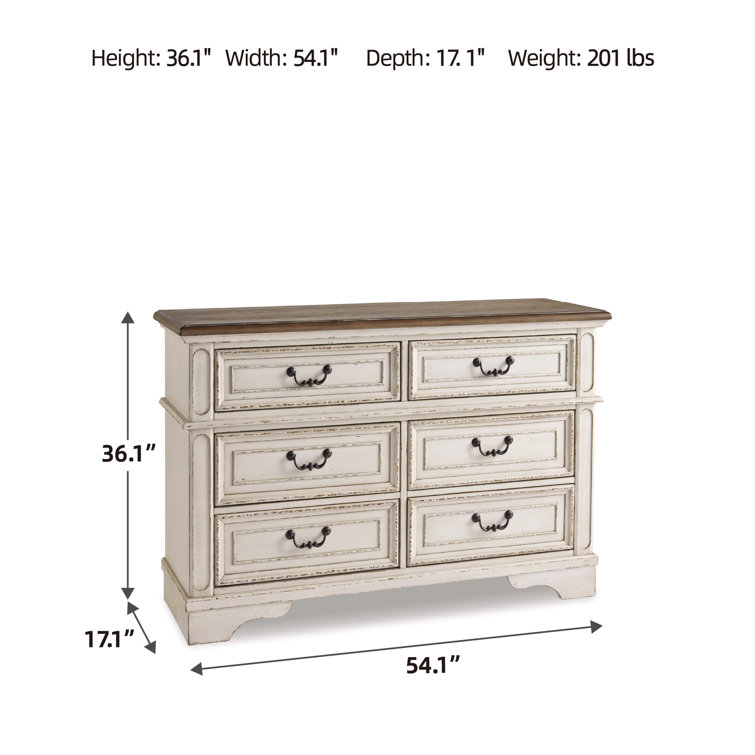 Cottage Charm White & Mahogany 6-Drawer Dresser with Mirror