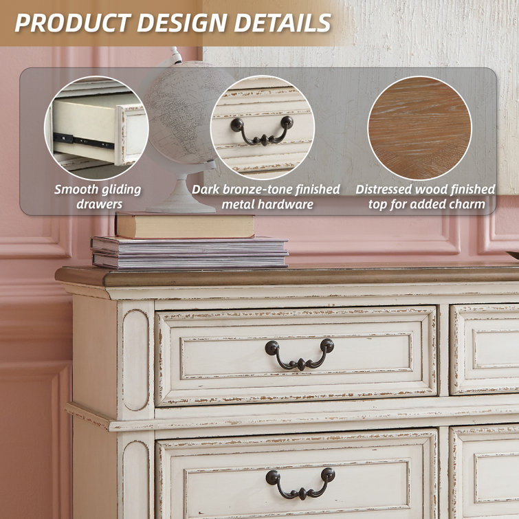 Cottage Charm White & Mahogany 6-Drawer Dresser with Mirror
