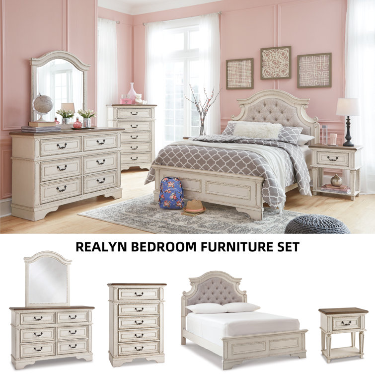 Cottage Charm White & Mahogany 6-Drawer Dresser with Mirror