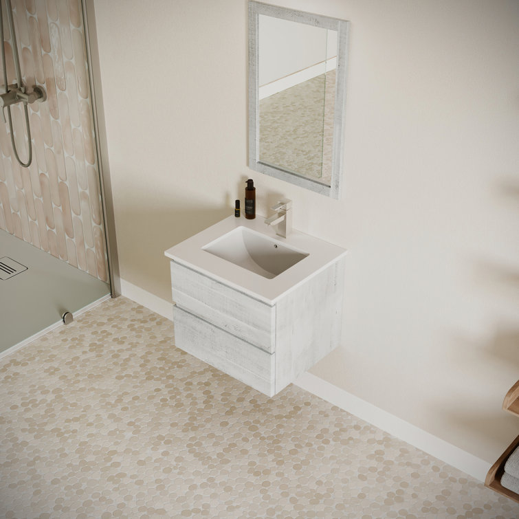Rustic White Acacia Wood Wall-Mount Single Sink Vanity Base